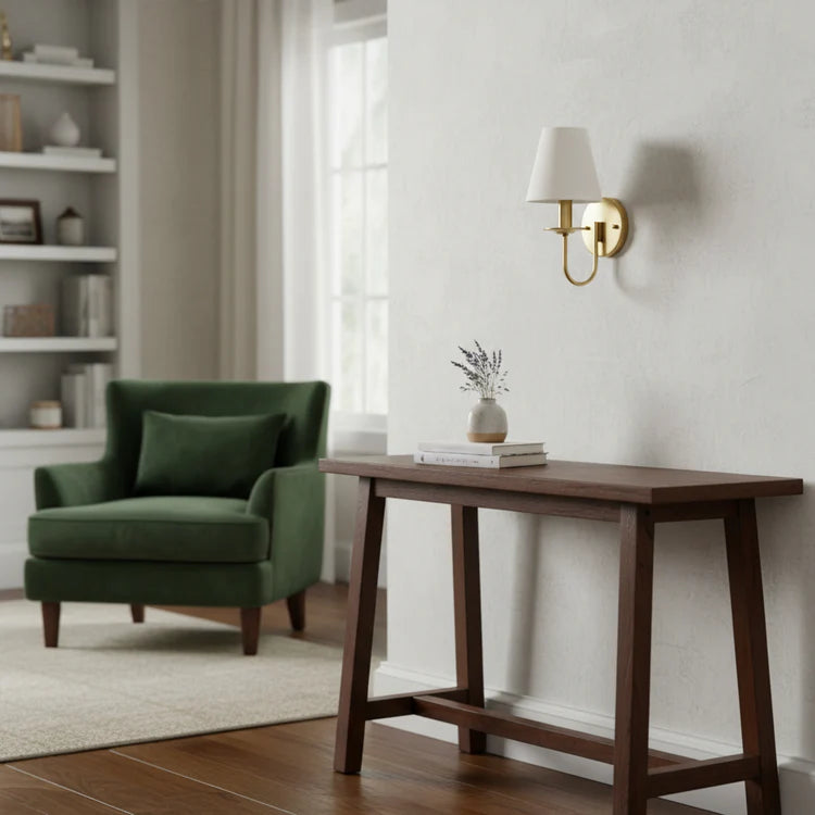 Vintage Style Wall Sconce with Curved Arm and Fabric Shade