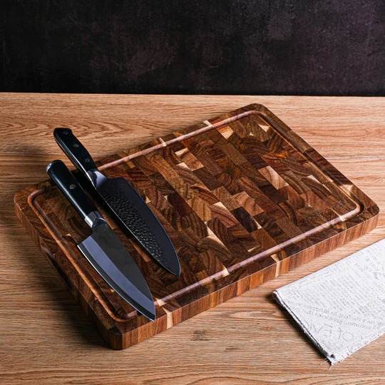Acacia Wood End Grain Cutting Board for Kitchen with Juice Groove and Handles