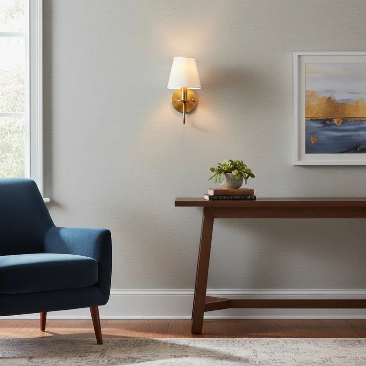 Vintage Style Wall Sconce with Curved Arm and Fabric Shade