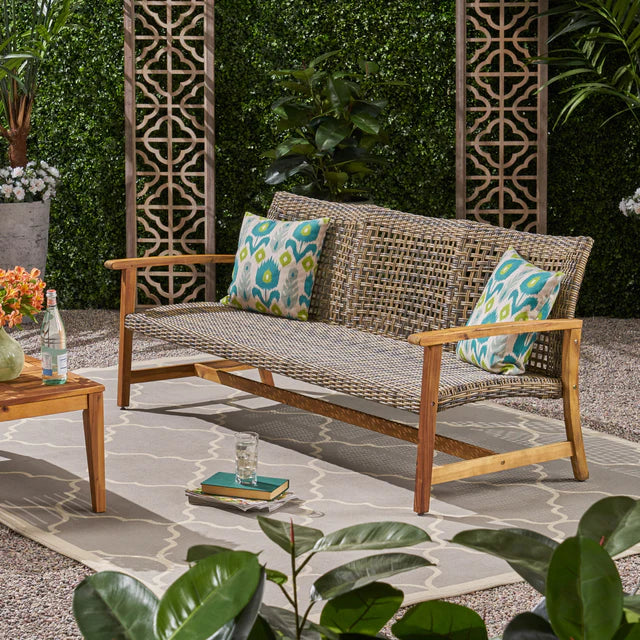 3 Seater Outdoor Sofa with Woven Rattan Seat and Wood Frame