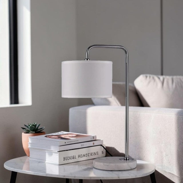 Chrome Arc Table Lamp with Fabric Shade and Marble Base