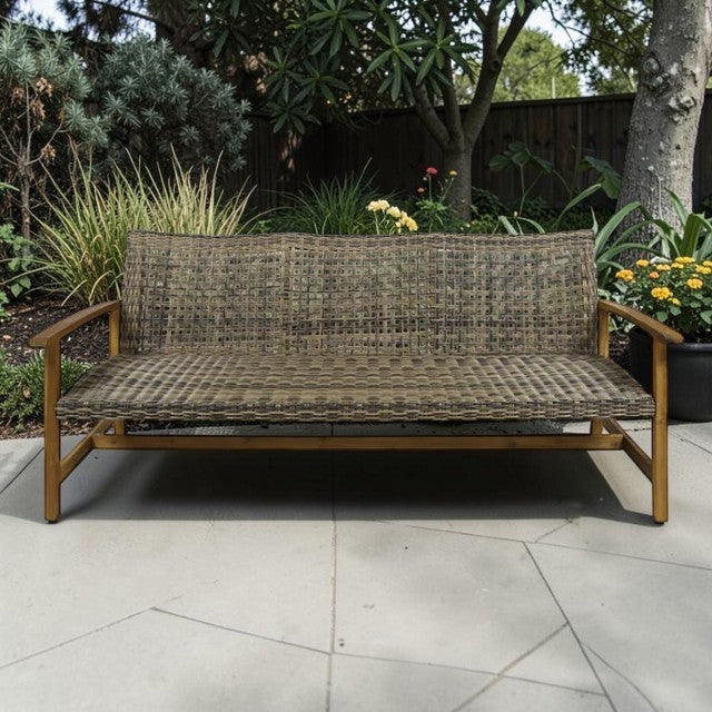 3 Seater Outdoor Sofa with Woven Rattan Seat and Wood Frame