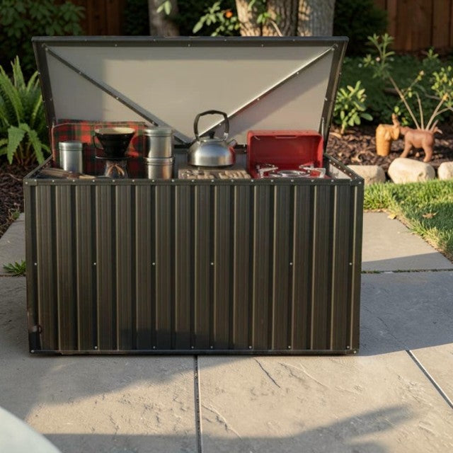 Outdoor Metal Storage Box with Lockable Lid and Weather-Resistant Design