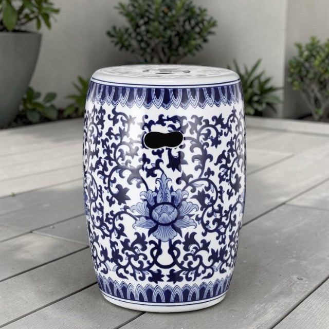 Blue and White Ceramic Garden Stool, Side Table