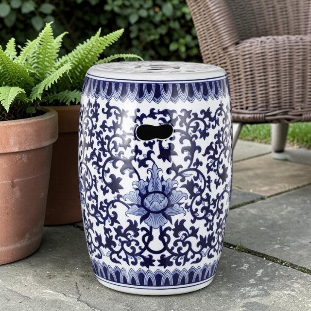 Blue and White Ceramic Garden Stool, Side Table