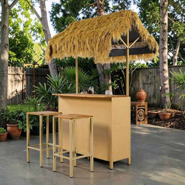 Outdoor Bar Table Set with Canopy, Acacia Wood Top and Stools