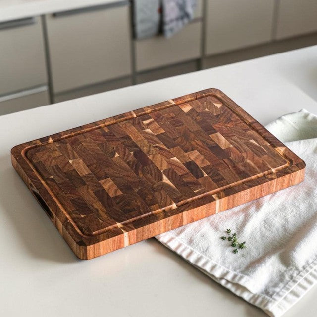 Acacia Wood End Grain Cutting Board for Kitchen with Juice Groove and Handles
