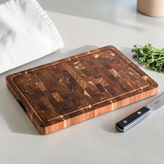 Acacia Wood End Grain Cutting Board for Kitchen with Juice Groove and Handles