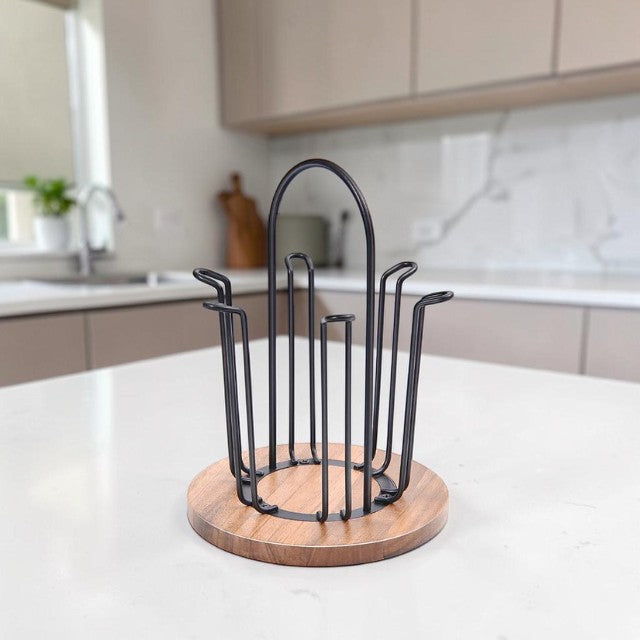 Kitchen Countertop, Cup Holder Rack with Metal Frame and Wood Base