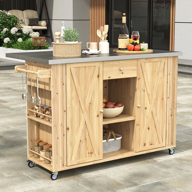 Outdoor Kitchen Island Cart with Stainless Steel Top and Storage