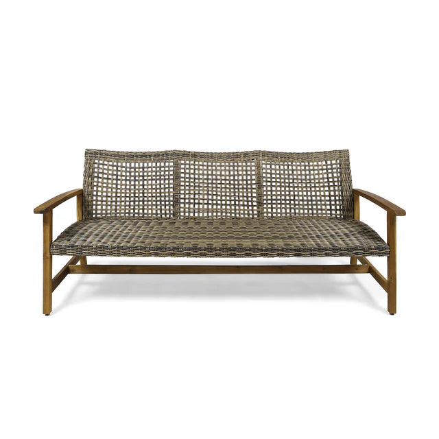 3 Seater Outdoor Sofa with Woven Rattan Seat and Wood Frame