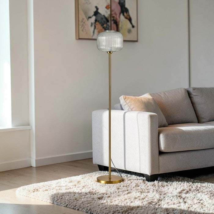 Modern Floor Lamp with Glass Globe Shade and Brass Finish