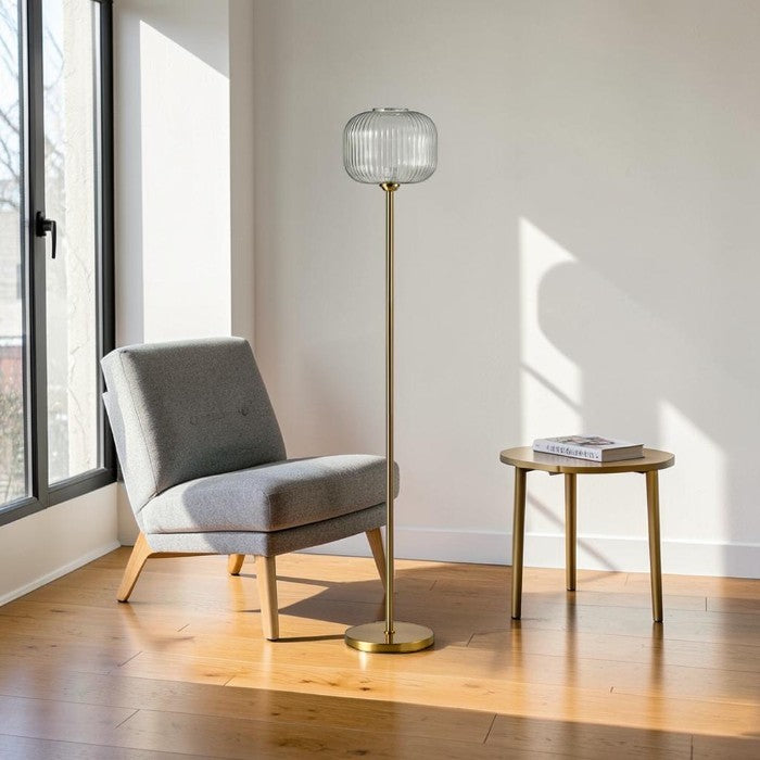 Modern Floor Lamp with Glass Globe Shade and Brass Finish