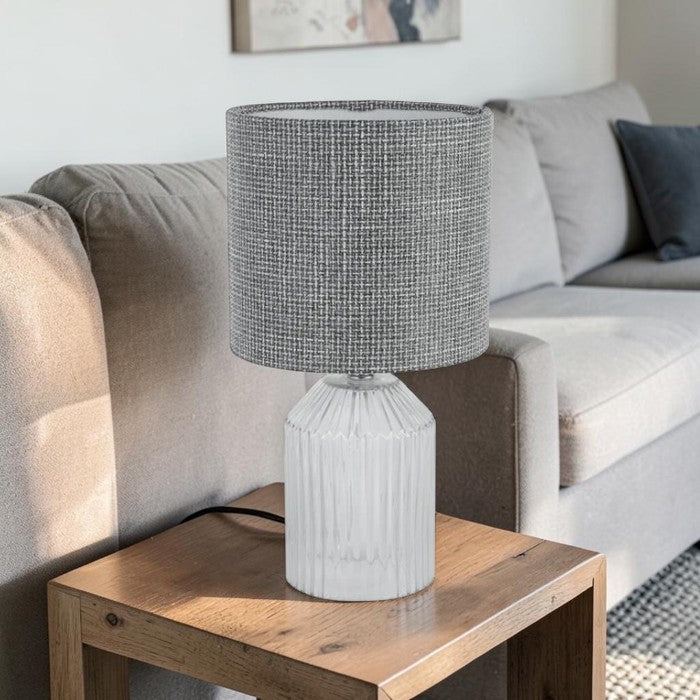 Glass Base, Table Lamp with Black Fabric Shade