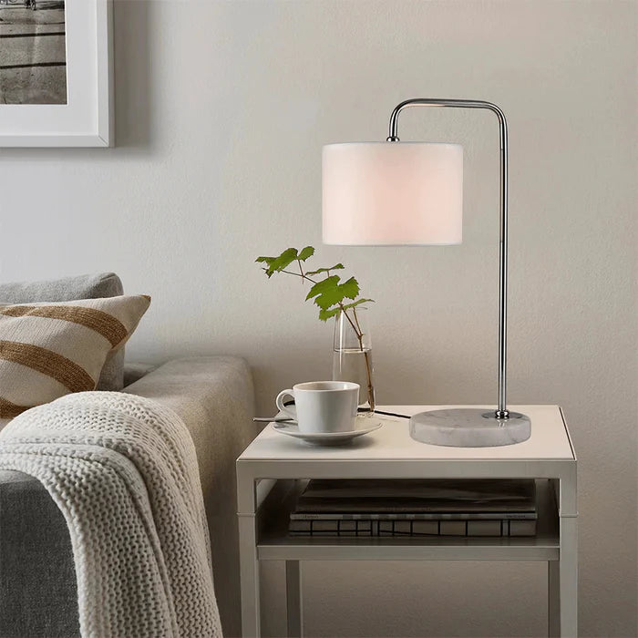 Chrome Arc Table Lamp with Fabric Shade and Marble Base