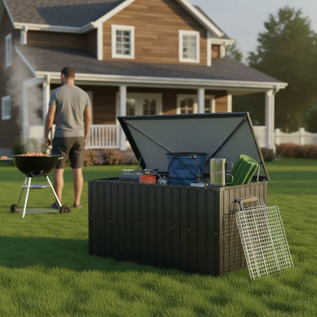 Outdoor Metal Storage Box with Lockable Lid and Weather-Resistant Design