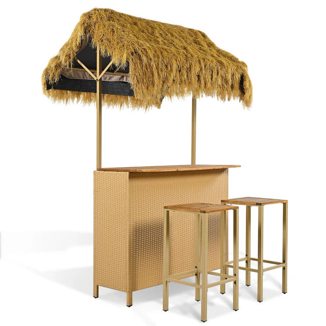 Outdoor Bar Table Set with Canopy, Acacia Wood Top and Stools