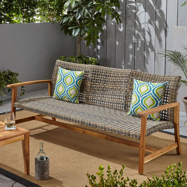 3 Seater Outdoor Sofa with Woven Rattan Seat and Wood Frame