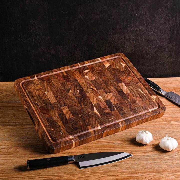 Acacia Wood End Grain Cutting Board for Kitchen with Juice Groove and Handles