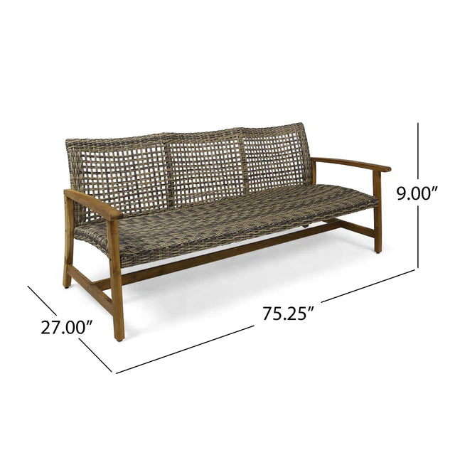 3 Seater Outdoor Sofa with Woven Rattan Seat and Wood Frame