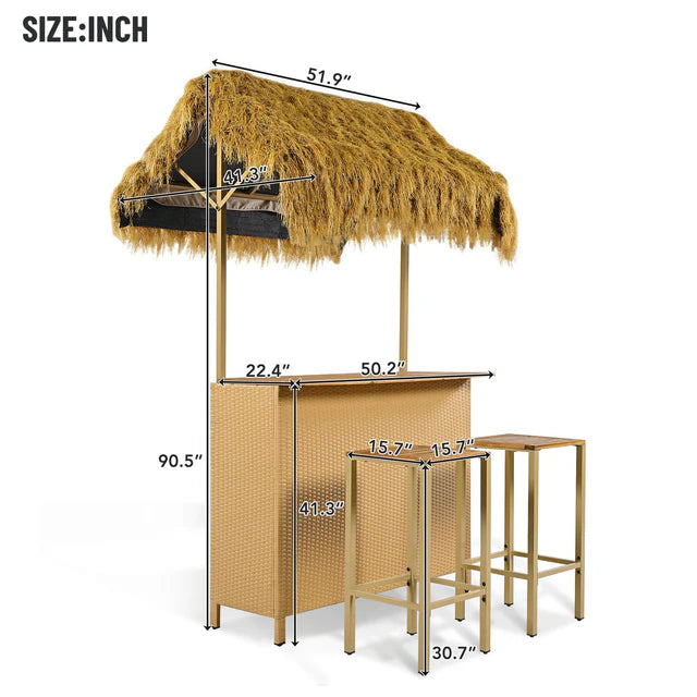 Outdoor Bar Table Set with Canopy, Acacia Wood Top and Stools