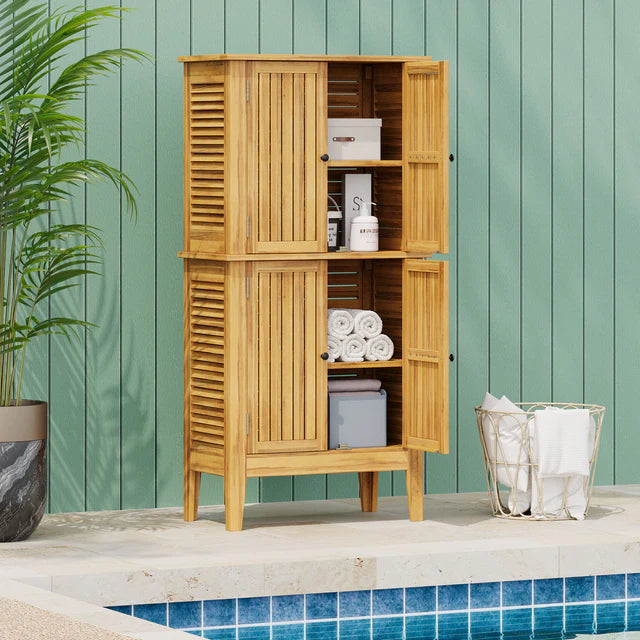 Tall Acacia Wood Storage Cabinet with Double Doors for Indoor and Outdoor Use