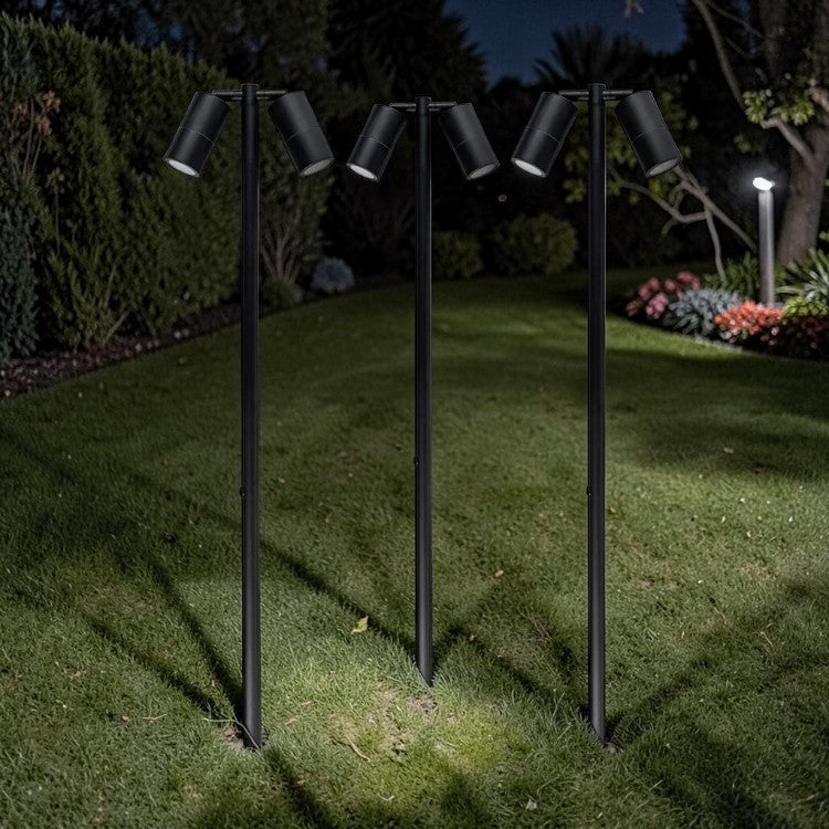 LED Outdoor Double Head, Garden Spike Light, 12V Tri Color, Adjustable Landscape Bollard