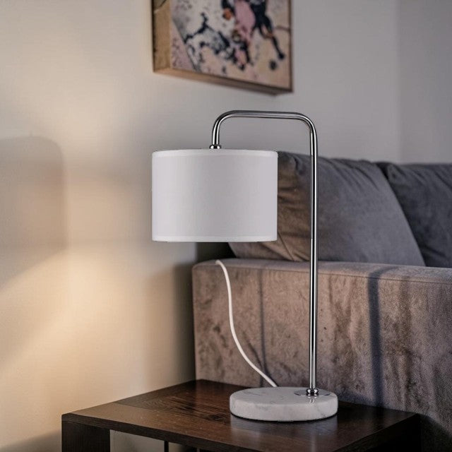 Chrome Arc Table Lamp with Fabric Shade and Marble Base