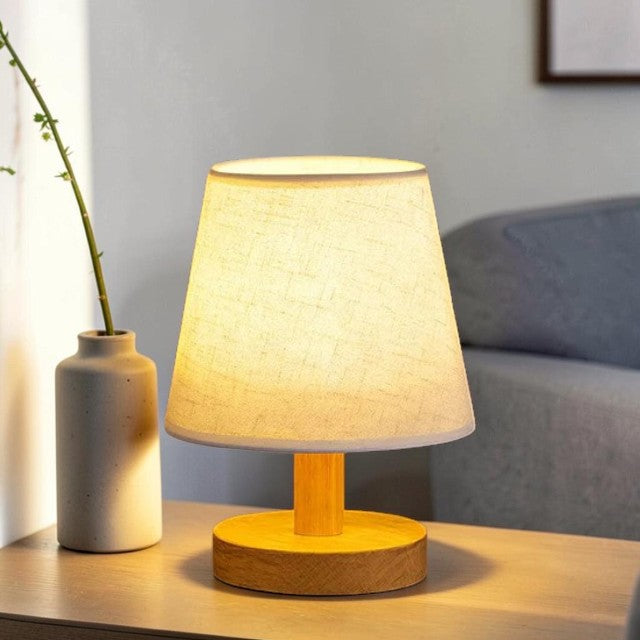 Mini Wood Base, Table Lamp for Bedside Lighting with Fabric Shade