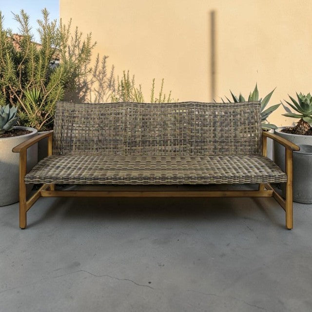 3 Seater Outdoor Sofa with Woven Rattan Seat and Wood Frame