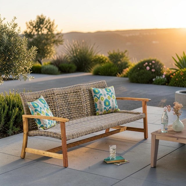 3 Seater Outdoor Sofa with Woven Rattan Seat and Wood Frame