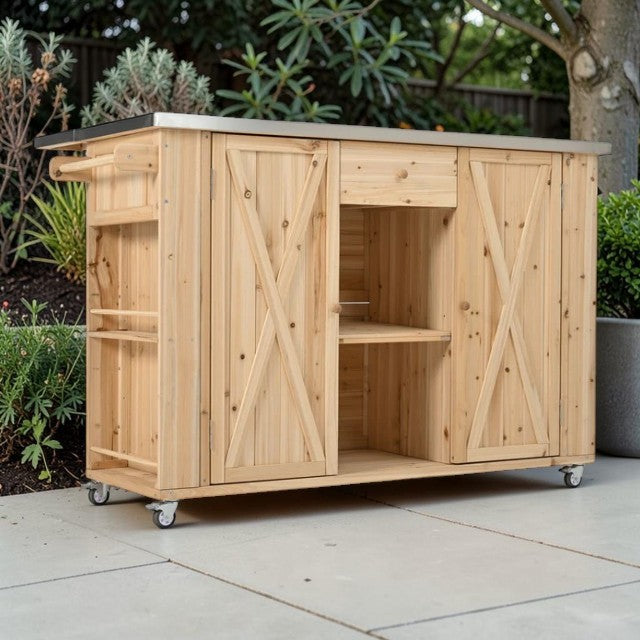 Outdoor Kitchen Island Cart with Stainless Steel Top and Storage