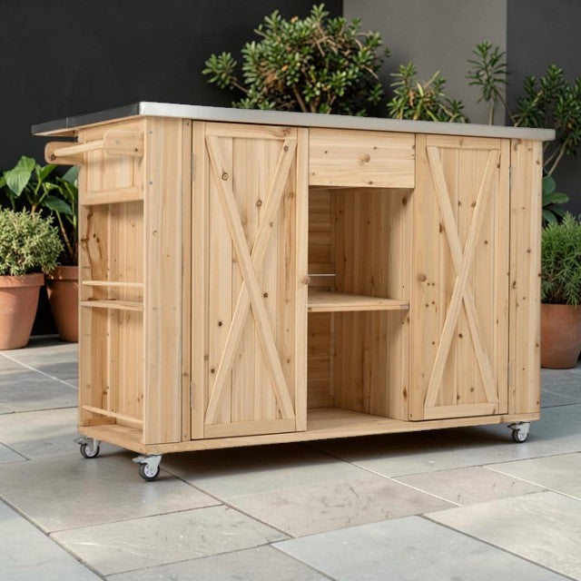 Outdoor Kitchen Island Cart with Stainless Steel Top and Storage
