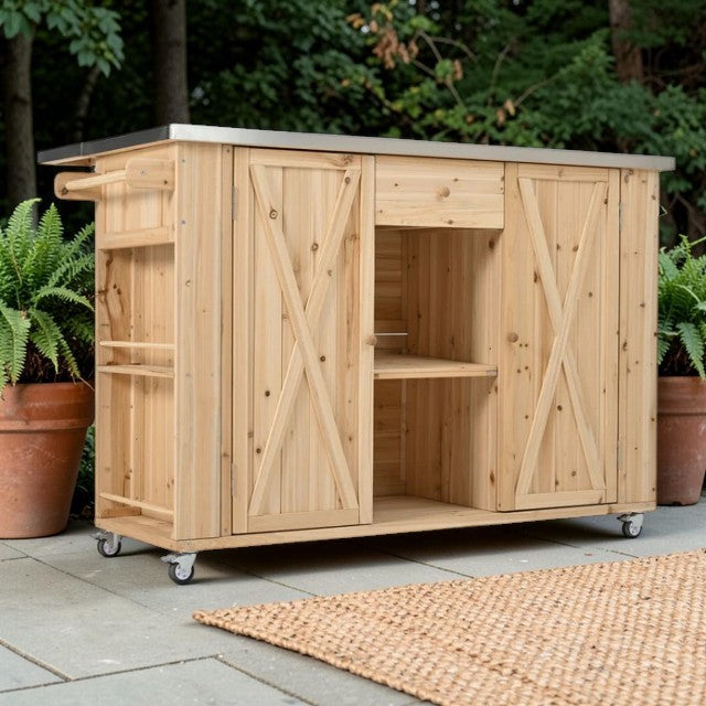 Outdoor Kitchen Island Cart with Stainless Steel Top and Storage