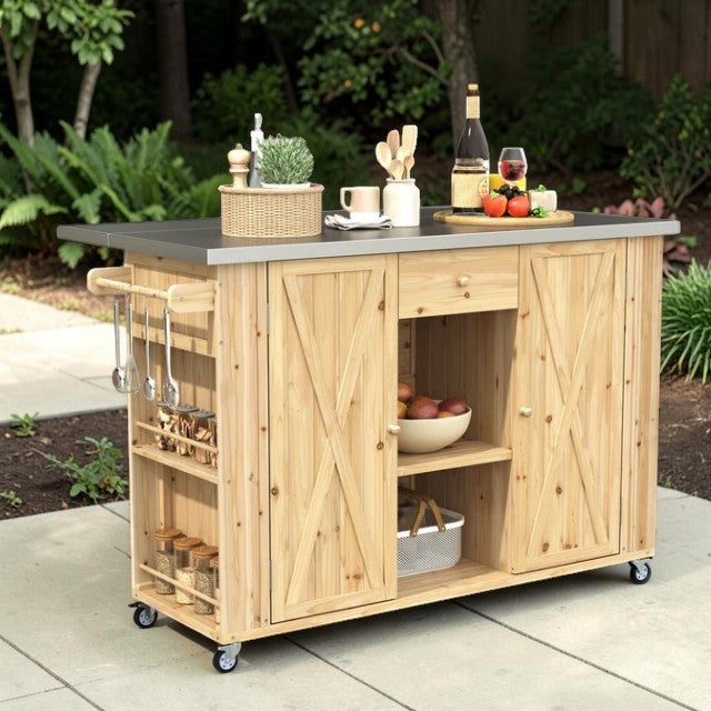 Outdoor Kitchen Island Cart with Stainless Steel Top and Storage