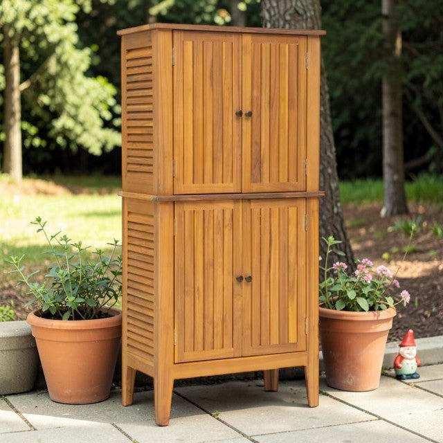 Tall Acacia Wood Storage Cabinet with Double Doors for Indoor and Outdoor Use