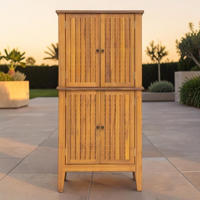 Tall Acacia Wood Storage Cabinet with Double Doors for Indoor and Outdoor Use