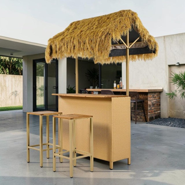 Outdoor Bar Table Set with Canopy, Acacia Wood Top and Stools