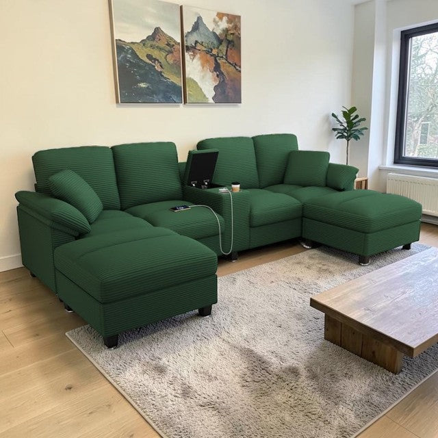 U Shaped Sectional Sofa with Storage Ottomans, Cup Holders and USB Ports
