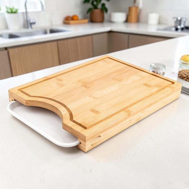 Bamboo Cutting Board with Pull-Out Tray for Kitchen Food Prep