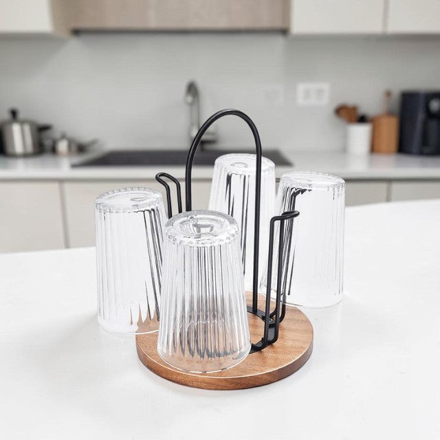 Kitchen Countertop, Cup Holder Rack with Metal Frame and Wood Base