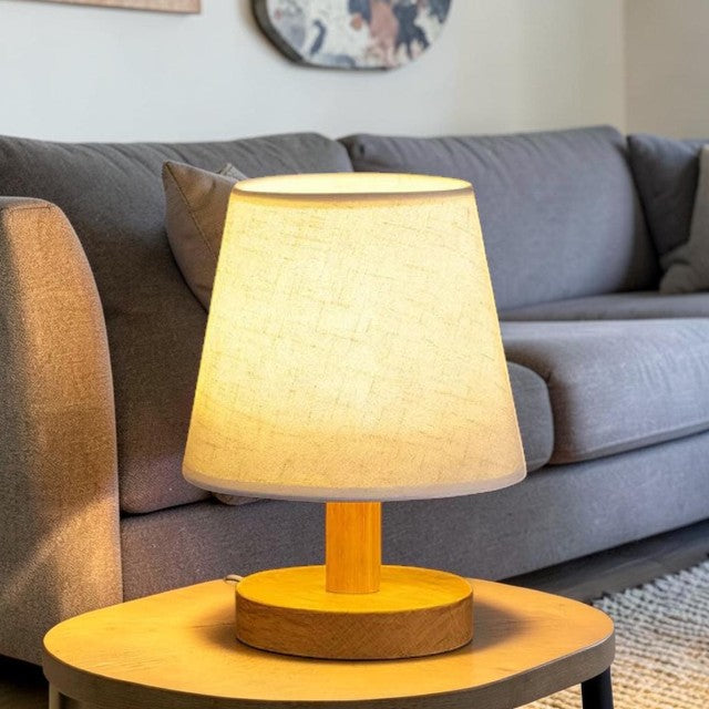Mini Wood Base, Table Lamp for Bedside Lighting with Fabric Shade