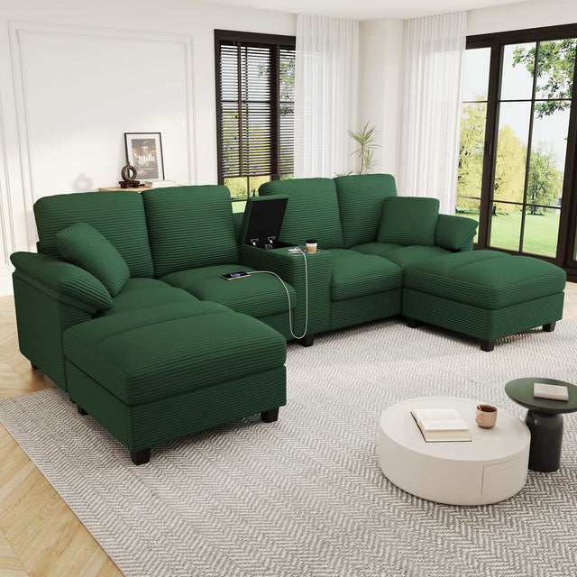 U Shaped Sectional Sofa with Storage Ottomans, Cup Holders and USB Ports