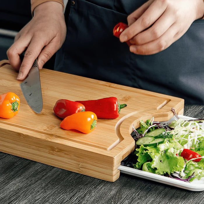 Bamboo Cutting Board with Pull-Out Tray for Kitchen Food Prep