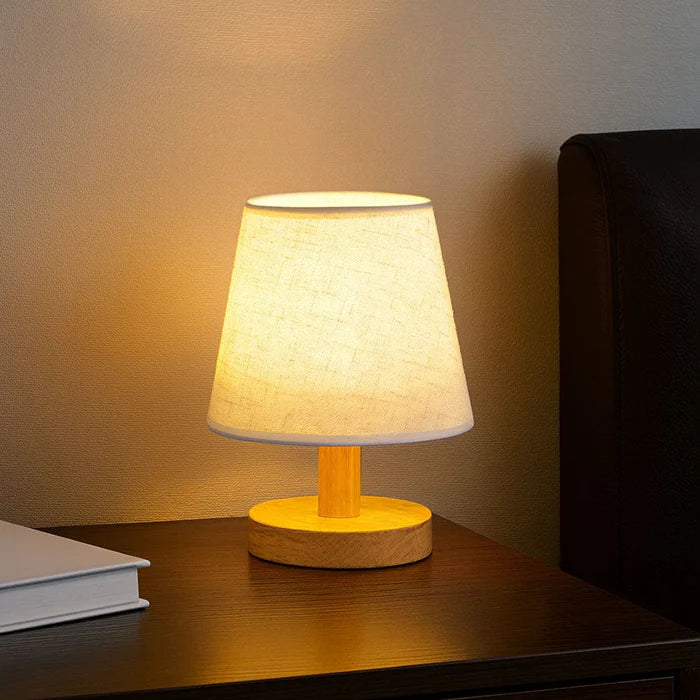 Mini Wood Base, Table Lamp for Bedside Lighting with Fabric Shade