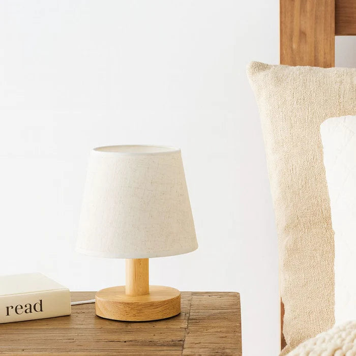 Mini Wood Base, Table Lamp for Bedside Lighting with Fabric Shade