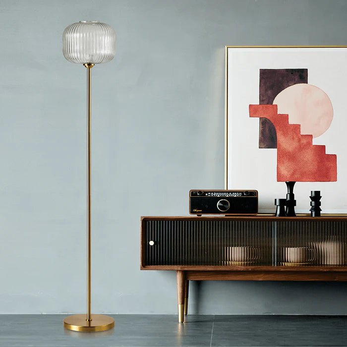 Modern Floor Lamp with Glass Globe Shade and Brass Finish