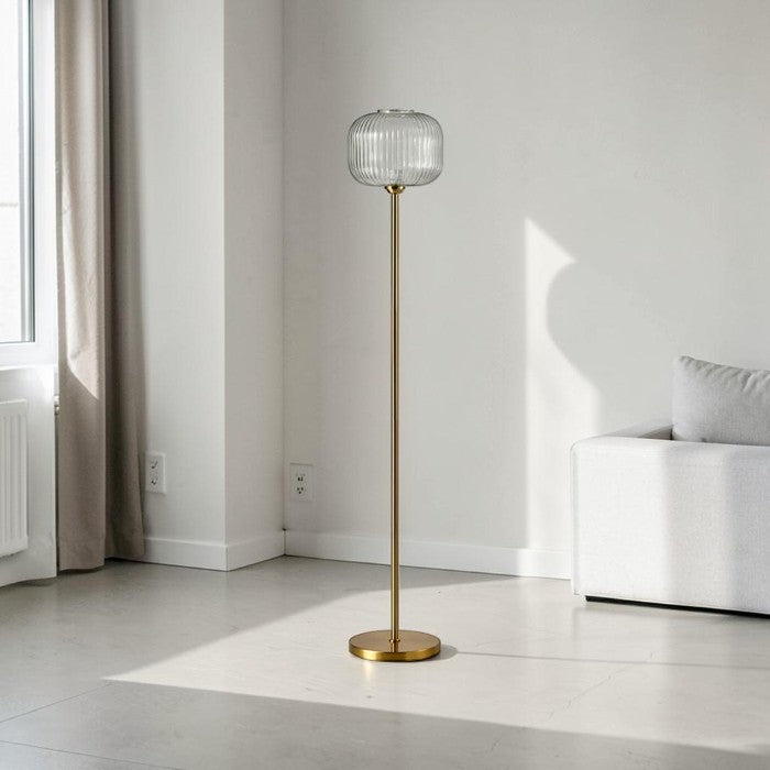 Modern Floor Lamp with Glass Globe Shade and Brass Finish