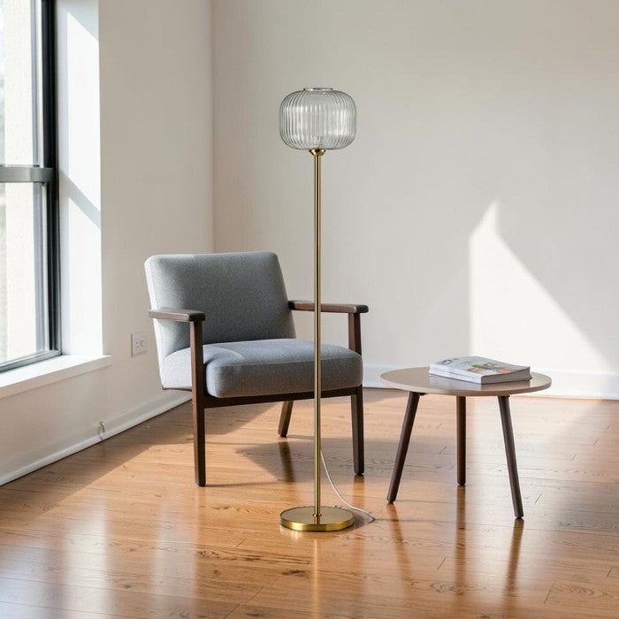Modern Floor Lamp with Glass Globe Shade and Brass Finish